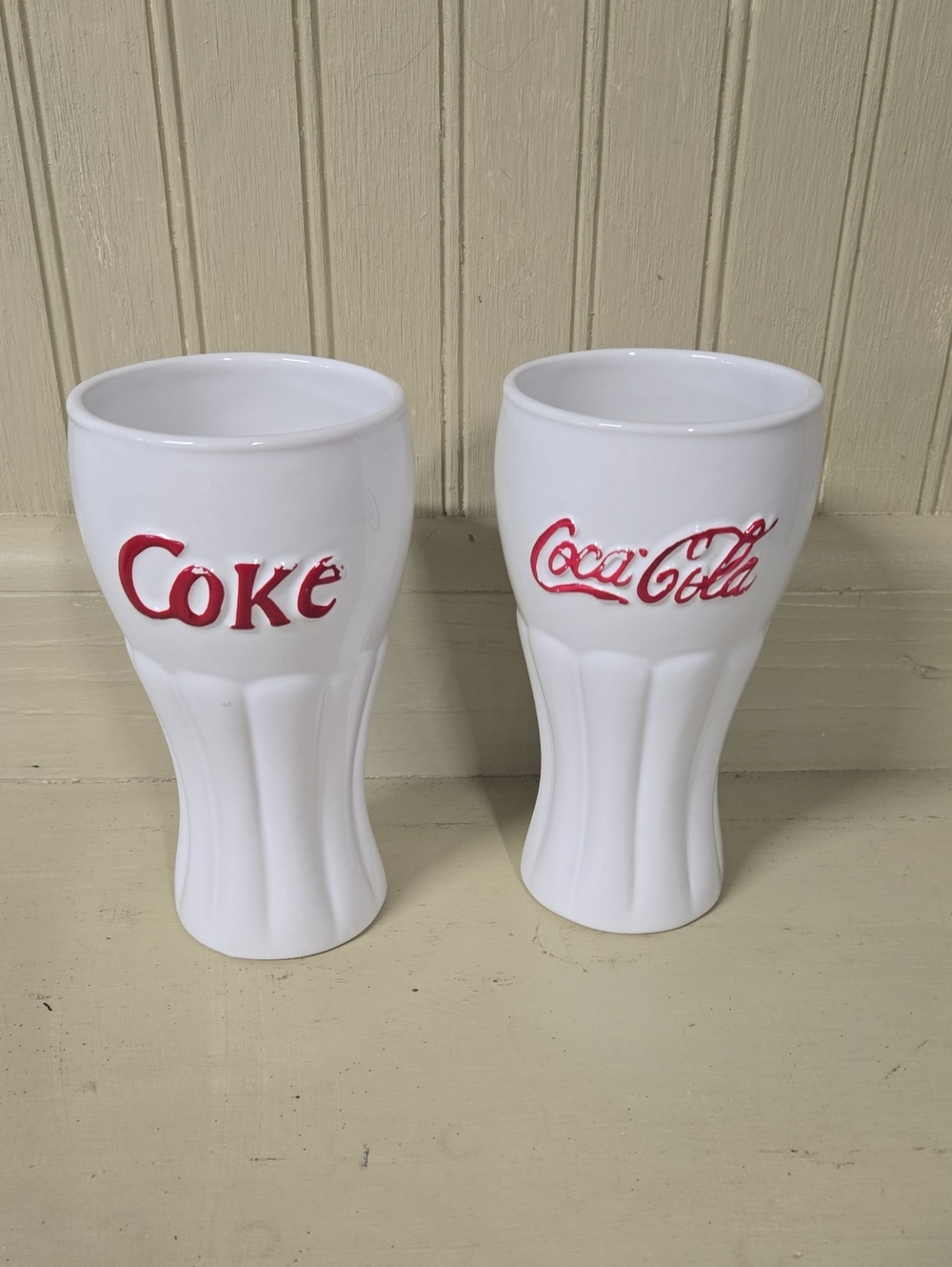 Coca Cola White Ceramic Logo Tumblers with Red Script - Set of 2